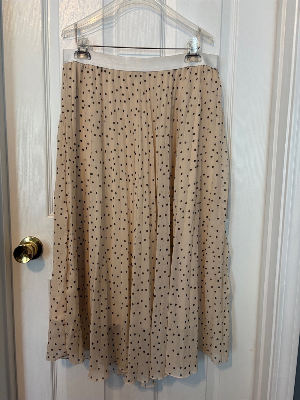 Polka Dot Pleated Skirt - Cream and Black. Elastic Waist